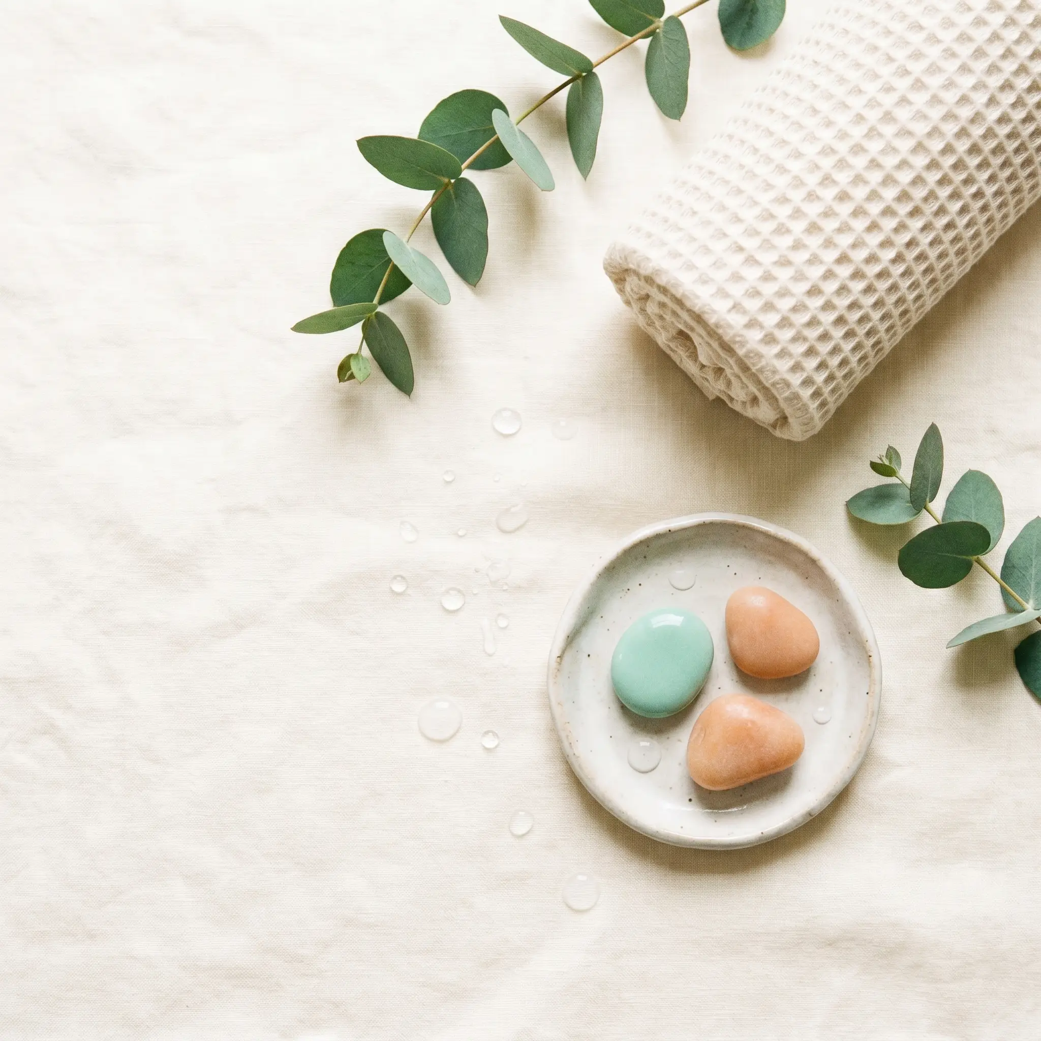 Apryva wellness essentials flat lay with eucalyptus